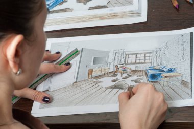 Anahat çizimler mutfak tasarım tasarım için her şeyi kurşun kalemle çizilir. Güzel, tuğla duvarlar.