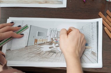 Anahat çizimler mutfak tasarım tasarım için her şeyi kurşun kalemle çizilir. Güzel, tuğla duvarlar.