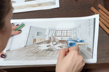 Anahat çizimler mutfak tasarım tasarım için her şeyi kurşun kalemle çizilir. Güzel, tuğla duvarlar.