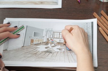 Anahat çizimler mutfak tasarım tasarım için her şeyi kurşun kalemle çizilir. Güzel, tuğla duvarlar.