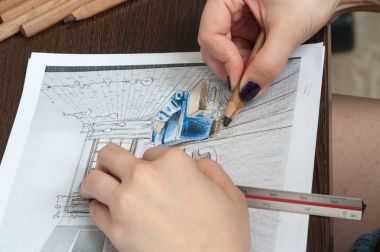 Anahat çizimler mutfak tasarım tasarım için her şeyi kurşun kalemle çizilir. Güzel, tuğla duvarlar.