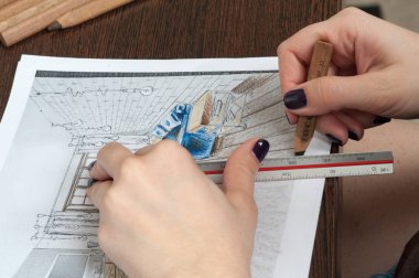 Anahat çizimler mutfak tasarım tasarım için her şeyi kurşun kalemle çizilir. Güzel, tuğla duvarlar.