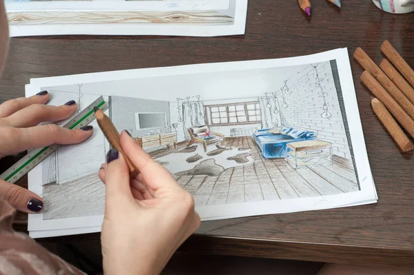 Anahat çizimler mutfak tasarım tasarım için her şeyi kurşun kalemle çizilir. Güzel, tuğla duvarlar.