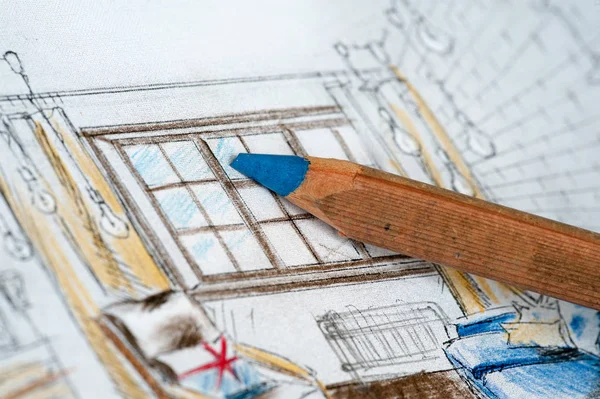 Anahat çizimler mutfak tasarım tasarım için her şeyi kurşun kalemle çizilir. Güzel, tuğla duvarlar.