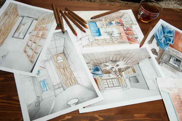 Desenhos Esboço Para Design Projeto Cozinha Tudo Desenhado Lápis Lindas — Fotografia de Stock