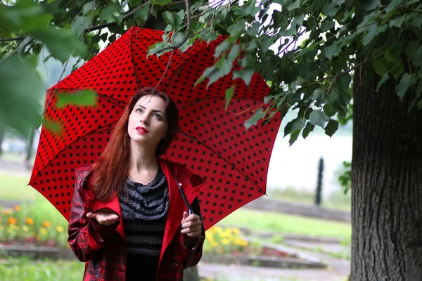 Woman Raincoat Holding Umbrella Park — 图库照片