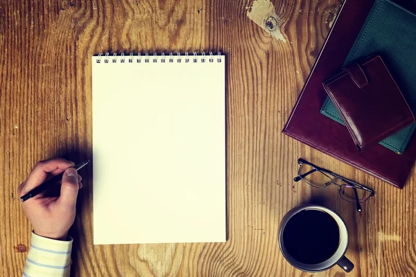 Toned Table Write Hand Top View — Stock Photo, Image