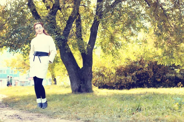 Meisje in een park lopen herfst alleen — Stockfoto