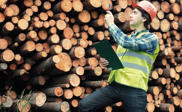 Trabajador en casco cuenta madera aserrada —  Fotos de Stock