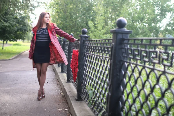 Mujer con paraguas rojo en árbol de la calle —  Fotos de Stock