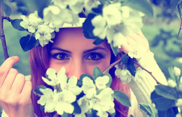 Kobiece oko w gałęzi kwiat drzewa — Zdjęcie stockowe