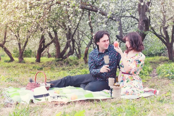 Primavera paisaje pareja en amor al aire libre árbol picnic — Foto de Stock