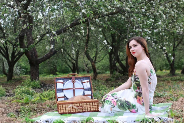 Mujer al aire libre en vestido sombrero naturaleza — Foto de Stock