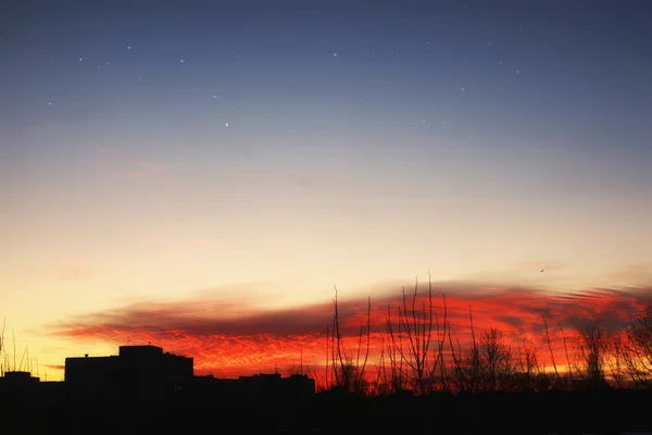 Solnedgång sky stjärnor silhuetter av byggnader — Stockfoto