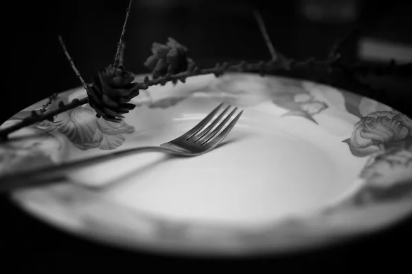 Вилка в тарелке черно-белая — стоковое фото