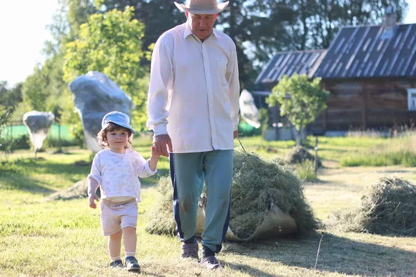 Niño y abuelo cosecharon heno — Foto de Stock