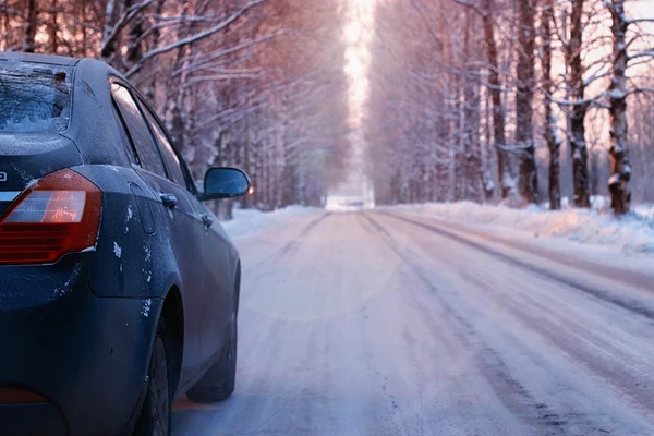 Car empty road alley winter — Stock Photo, Image
