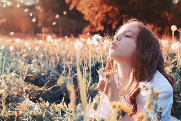 Ragazza con dundelion nel parco autunnale — Foto Stock