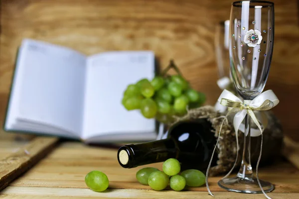 Wine bottle book and glass grape — Stock Photo, Image