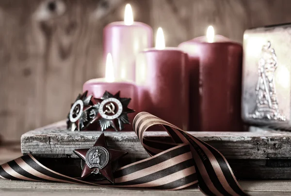 Old military decorations since World War II on a wooden — Stock Photo, Image