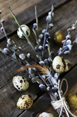 Bahar yumurta dal willow ahşap arka plan