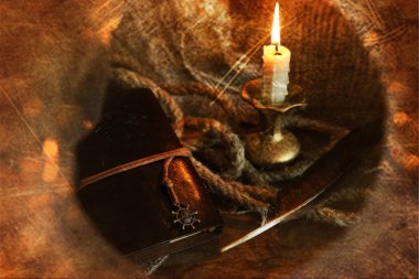 Fotoğraf kitap mum tüy ve ip Retro çizilmiş etkisi