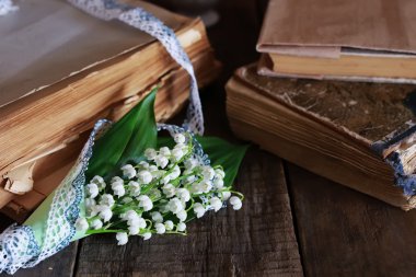 taze vadideki zambak ve retro kitap oluşan