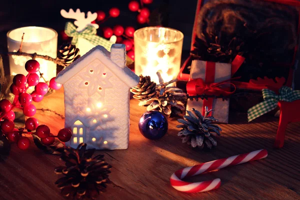 New year pine cone candle table — Stock Photo, Image