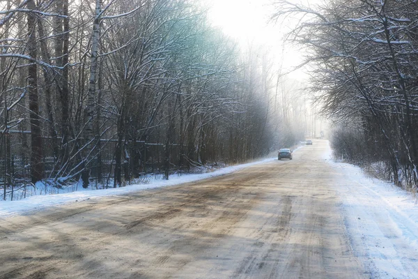 Зимняя дорога через лес — стоковое фото