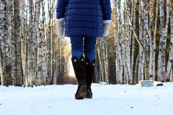 Mulher andar parque inverno neve de volta — Fotografia de Stock