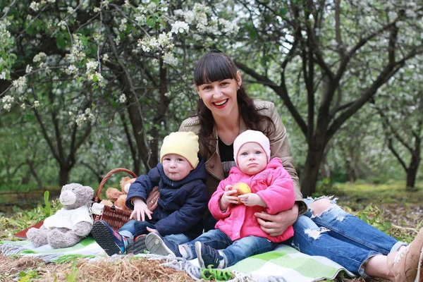 Moeder met twins op plaid buiten in de tuin van apple — Stockfoto
