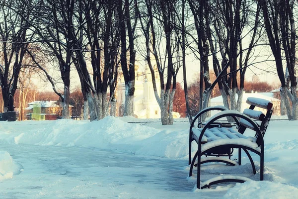 Winter-Parkbank-Allee — Stockfoto