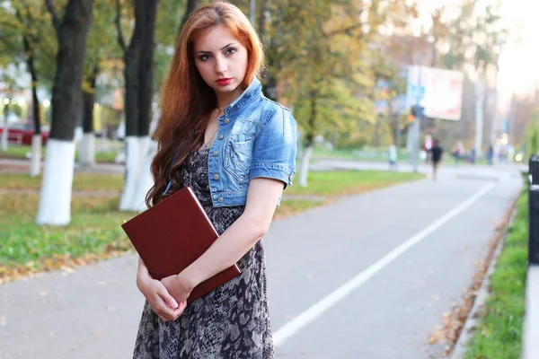 红头发的女孩衣服文件夹与文件 — 图库照片