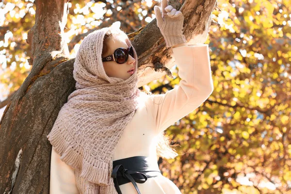 Flicka i en park bära en halsduk höst — Stockfoto