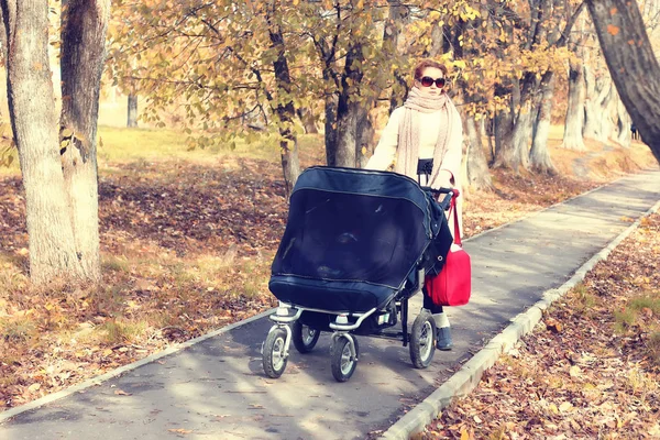 Mother in a park stroller autumn — Stock Photo, Image