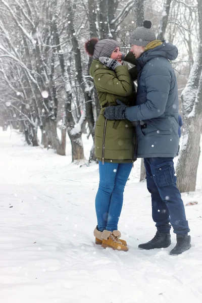 Family couple walk winter snow — Stock Photo, Image