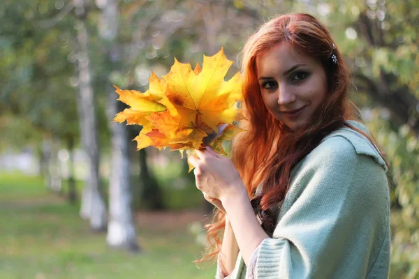 Kızıl saçlı kız sonbahar yaprakları — Stok fotoğraf