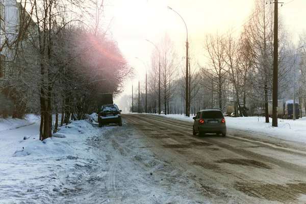 Road city car zima — Zdjęcie stockowe