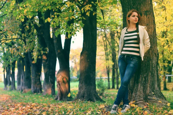 Outono deixa menina livro casual — Fotografia de Stock