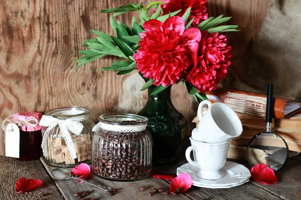 Coffee cup old book flower — Stock Photo, Image