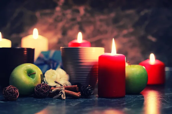 Night table with mug and candle — Stock Photo, Image