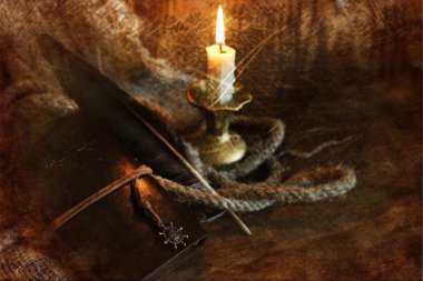 Fotoğraf kitap mum tüy ve ip Retro çizilmiş etkisi