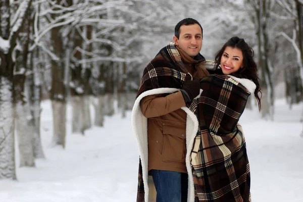 Όμορφο νεαρό ζευγάρι σε ένα χιονισμένο πάρκο τυλιγμένο — Φωτογραφία Αρχείου