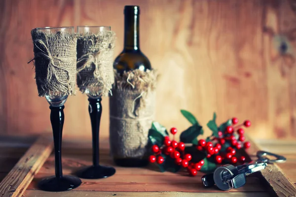 Toned wine glass wooden background — Stock Photo, Image