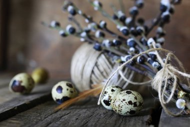 Bahar yumurta dal willow ahşap arka plan