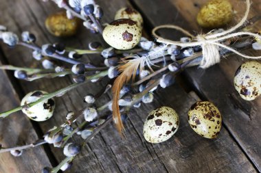 Bahar yumurta dal willow ahşap arka plan