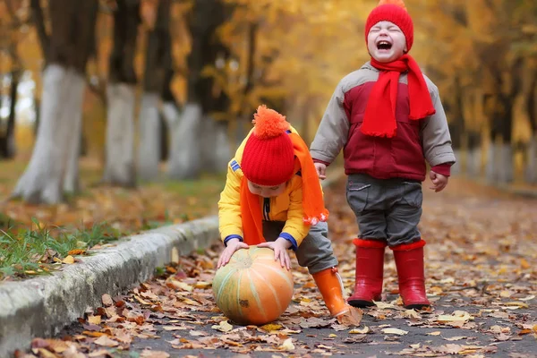 Barnen i höst park med pumpa — Stockfoto