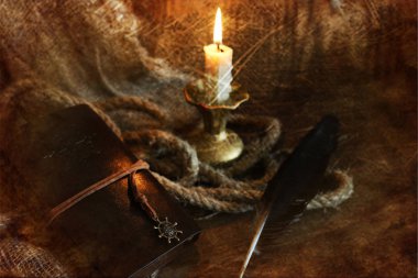 Fotoğraf kitap mum tüy ve ip Retro çizilmiş etkisi