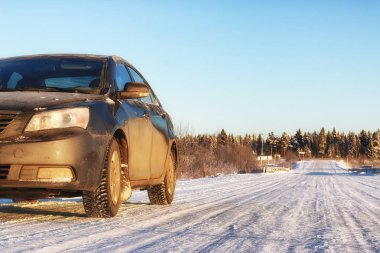 Karlı tarlalar ve ormanlar arasında kış yolu