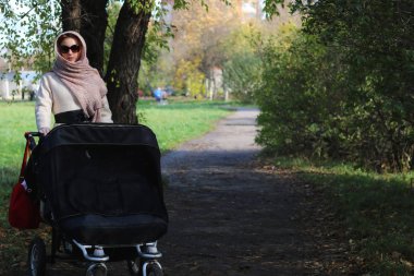 Parktaki kız bebek arabasıyla